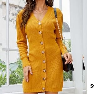 KOJOOIN Women's Button Down Ribbed Knit Slim Long Sleeve V Neck Sweater Dress M